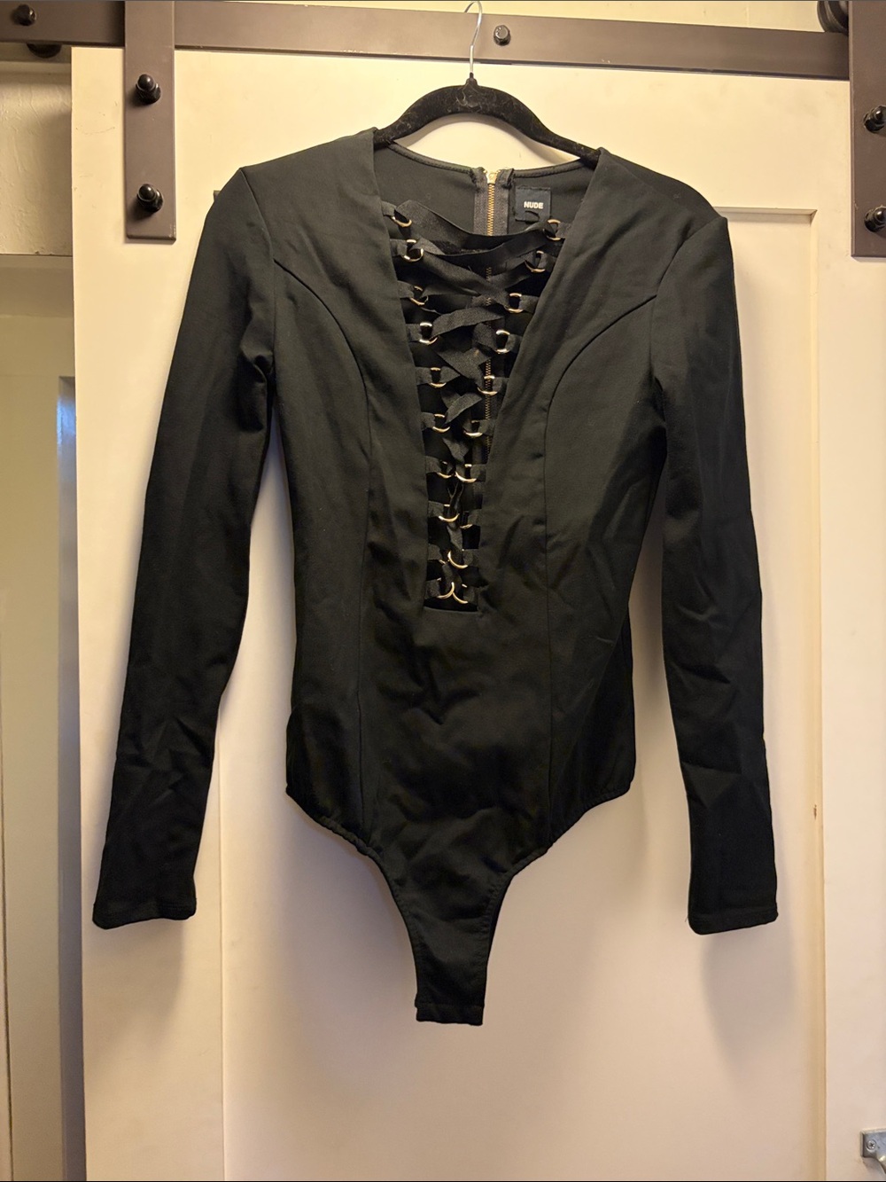 NUDE Black Long-Sleeve Lace-Up Kids One-Piece Bodysuit